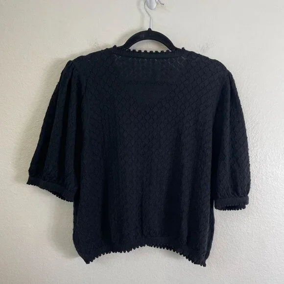 NEW By Anthropologie Womens XL Black Puff Sleeve Pointelle Knit Cardigan Sweater - Picture 12 of 13